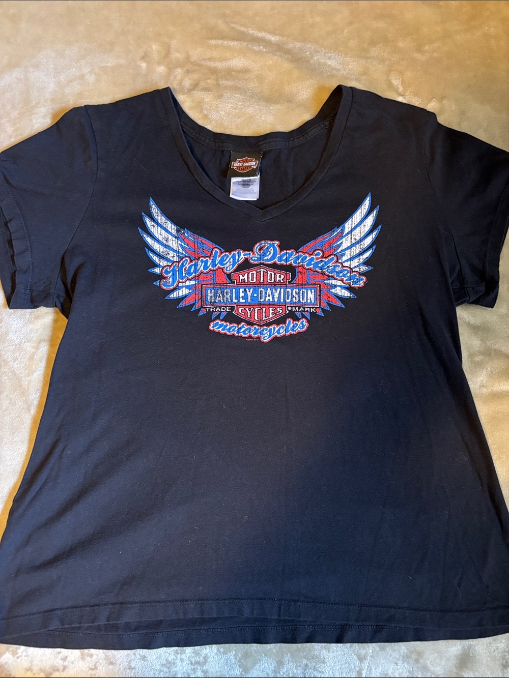 Harley-Davidson Black T-Shirt with Red, Blue, White Graphic